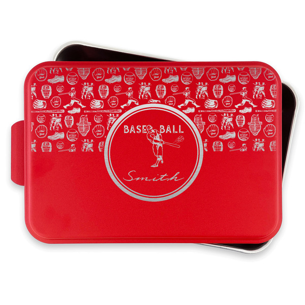 Retro Baseball Aluminum Baking Pan - Red Lid - FRONT w/lif off