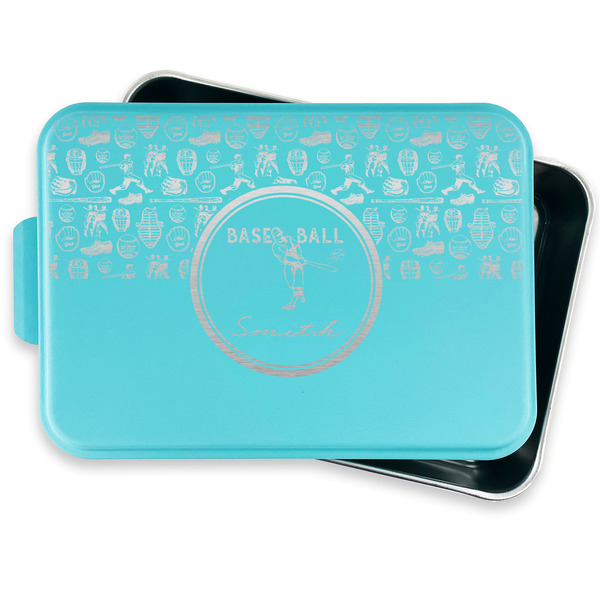 Retro Baseball Aluminum Baking Pan - Teal Lid - FRONT w/ lid off
