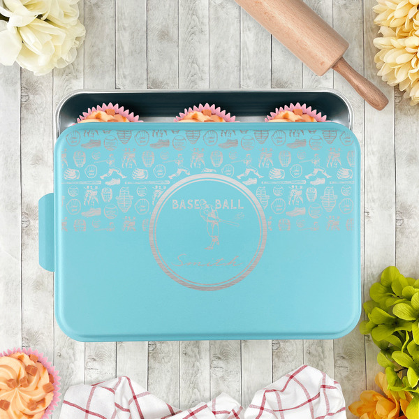 Retro Baseball Aluminum Baking Pan - Teal Lid - LIFESTYLE