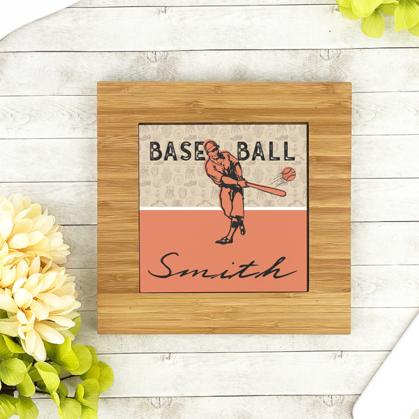 Retro Baseball Bamboo Trivet with 6" Tile - LIFESTYLE