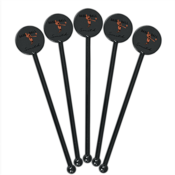 Retro Baseball Black Plastic 5.5" Stir Stick - Round - Fan View