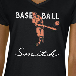 Retro Baseball Women's V-Neck T-Shirt - Black - Small (Personalized)