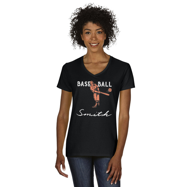 Custom Retro Baseball Women's V-Neck T-Shirt - Black - 2XL (Personalized)