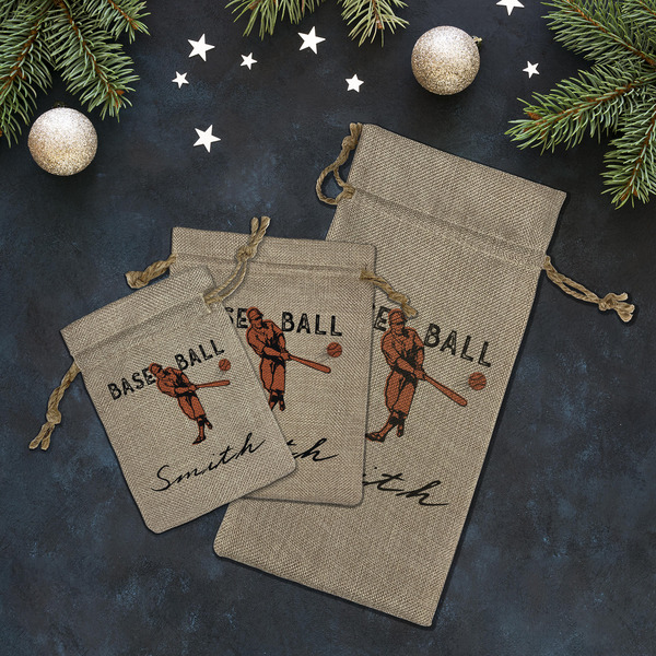 Retro Baseball Burlap Gift Bags - LIFESTYLE (Flat lay)