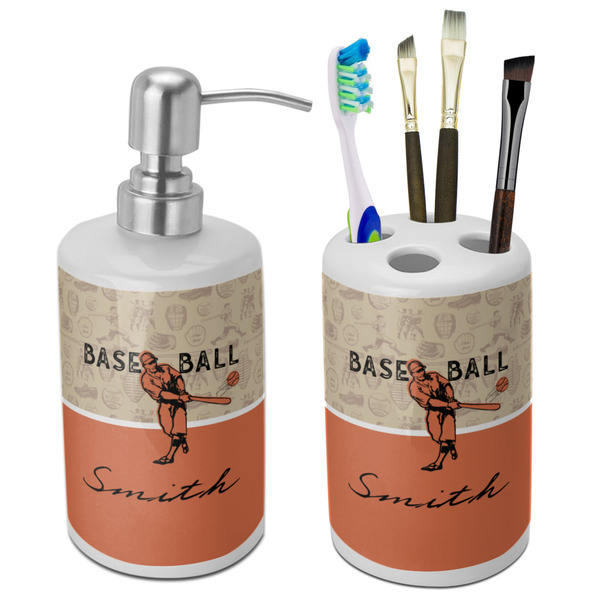 Custom Retro Baseball Ceramic Bathroom Accessories Set (Personalized)