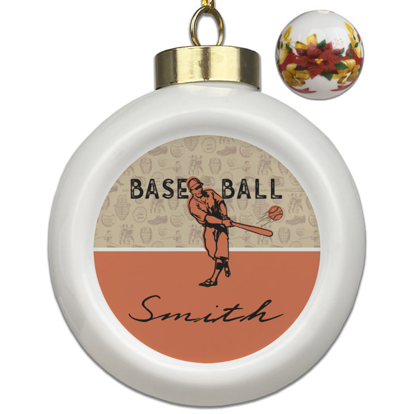 Custom Retro Baseball Ceramic Ball Ornaments - Poinsettia Garland (Personalized)