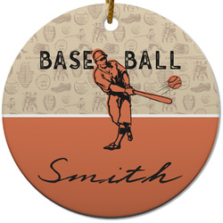 Retro Baseball Round Ceramic Ornament w/ Name or Text