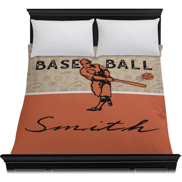 Retro Baseball Duvet Cover - Queen - On Bed - No Prop