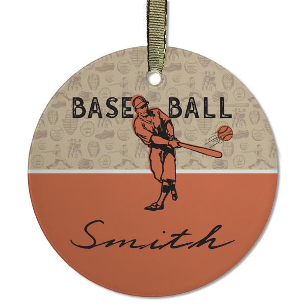 Custom Retro Baseball Flat Glass Ornament - Round w/ Name or Text