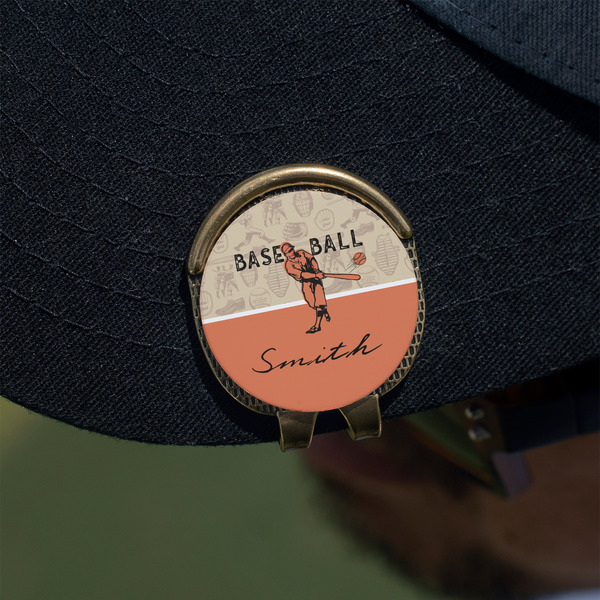 Retro Baseball Golf Ball Marker Hat Clip - Gold - On Hat
