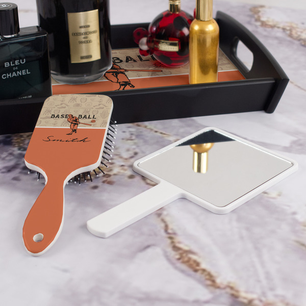 Retro Baseball Hair Brush - With Hand Mirror