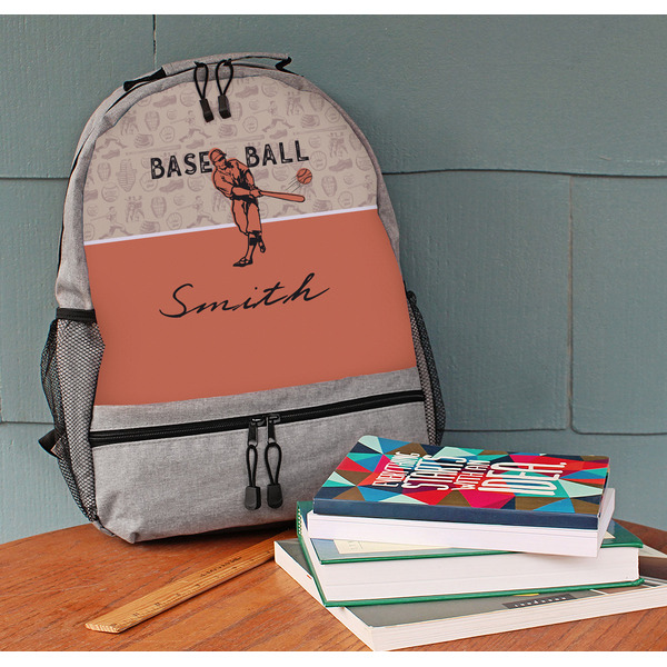 Retro Baseball Large Backpack - Gray - On Desk