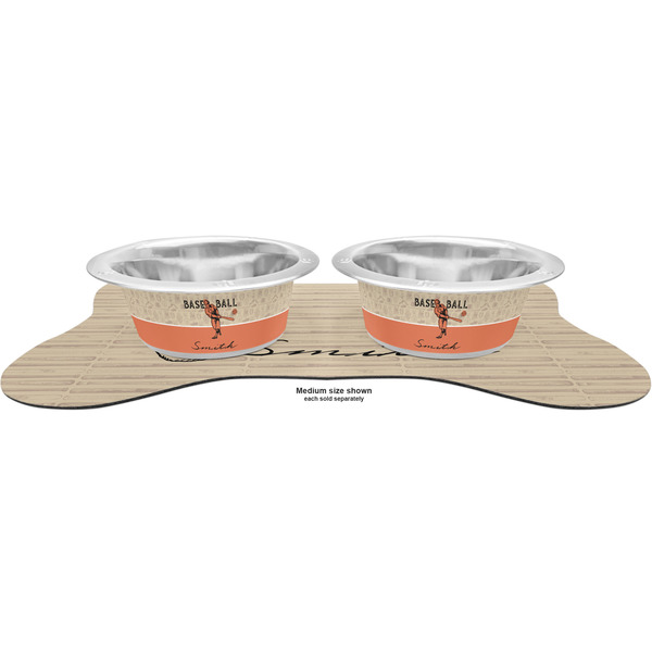 Retro Baseball Metal Pet Bowls - On Dog Bone Shaped Mat