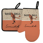 Retro Baseball Left Oven Mitt & Pot Holder Set w/ Name or Text