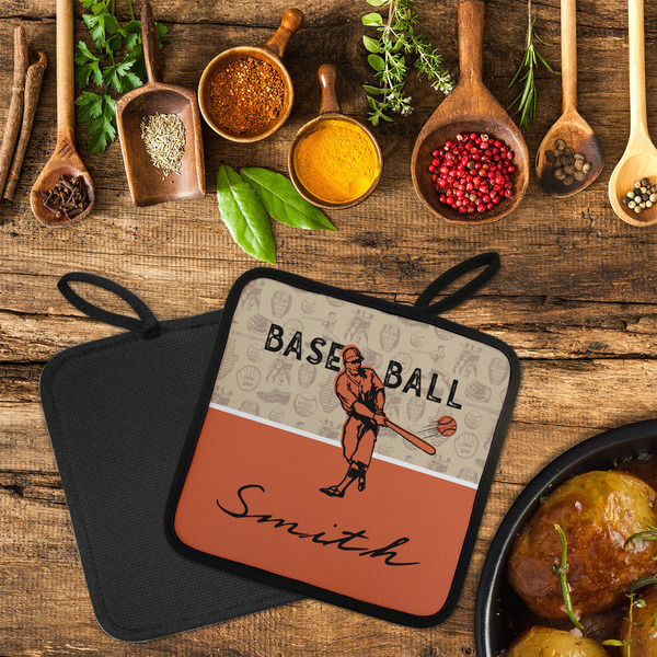 Retro Baseball Neoprene Pot Holder - Set of 2  LIFESTYLE (Flatlay)