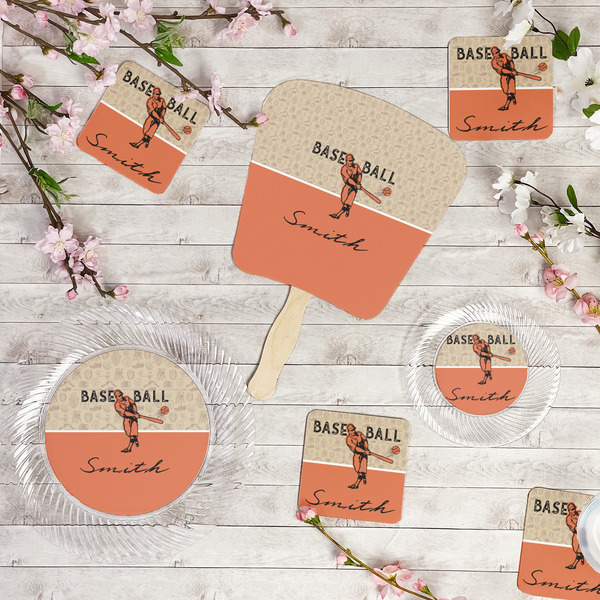 Retro Baseball Party Supplies Combination Image - All items - Plates, Coasters, Fans