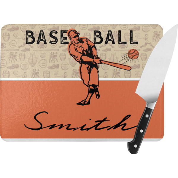 Custom Retro Baseball Rectangular Glass Cutting Board - Large - 15.25"x11.25" w/ Name or Text