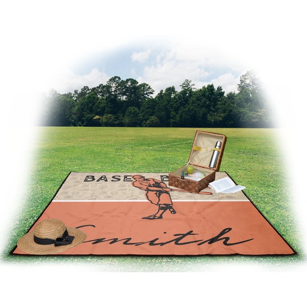 Retro Baseball Picnic Blanket - with Basket Hat and Book - in Use