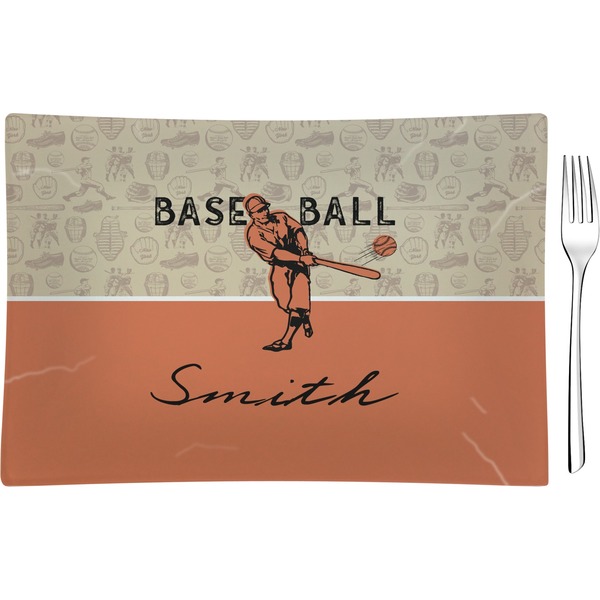 Custom Retro Baseball Glass Rectangular Appetizer / Dessert Plate w/ Name or Text
