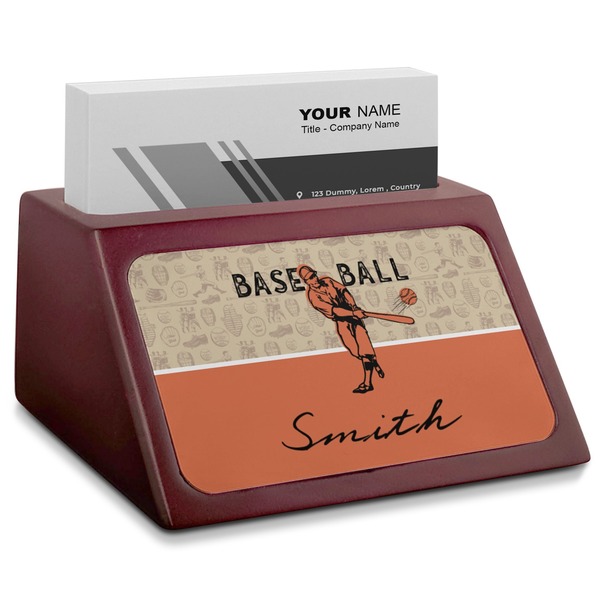 Custom Retro Baseball Red Mahogany Business Card Holder (Personalized)