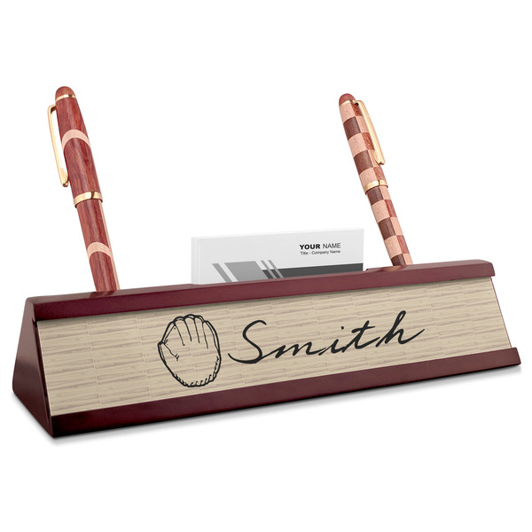 Custom Retro Baseball Red Mahogany Nameplate with Business Card Holder (Personalized)