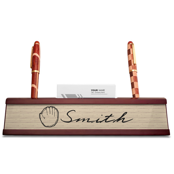 Retro Baseball Red Mahogany Nameplates with Business Card Holder - Straight