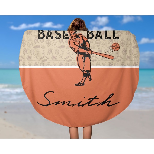 Retro Baseball Round Beach Towel - In Use