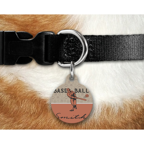 Retro Baseball Round Pet Tag on Collar & Dog