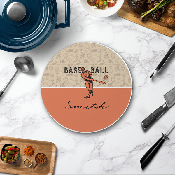 Retro Baseball Round Stone Trivet - In Context View