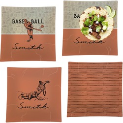 Retro Baseball Set of 4 Glass Square Lunch / Dinner Plate 9.5" (Personalized)