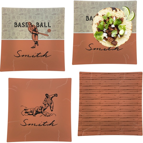 Custom Retro Baseball Set of 4 Glass Square Lunch / Dinner Plate 9.5" (Personalized)