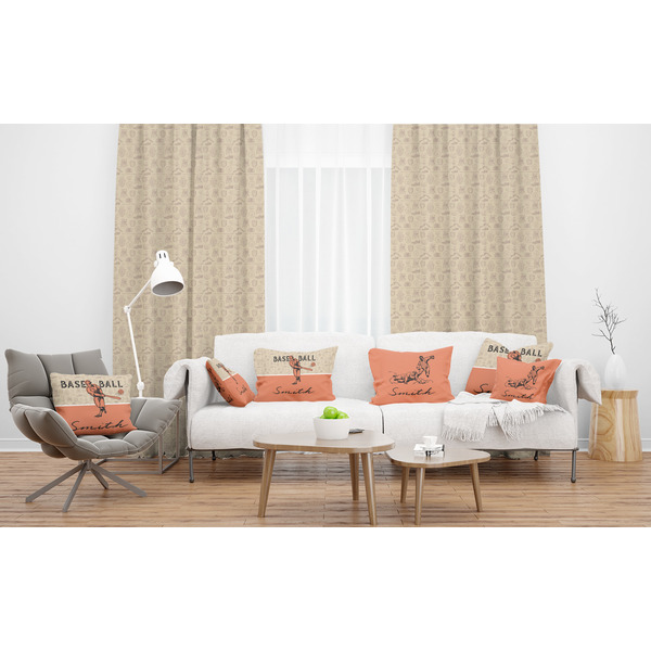 Retro Baseball Sheer and Custom Curtains in Room with Matching Pillows