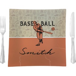 Retro Baseball 9.5" Glass Square Lunch / Dinner Plate- Single or Set of 4 (Personalized)