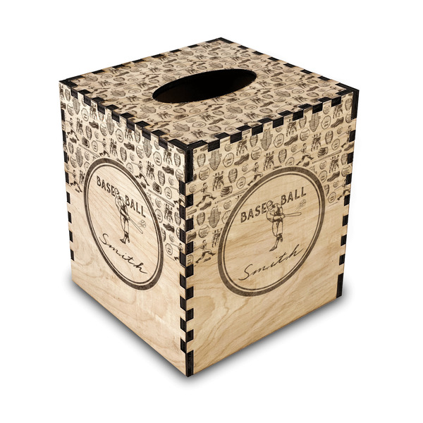 Custom Retro Baseball Wood Tissue Box Cover - Square (Personalized)