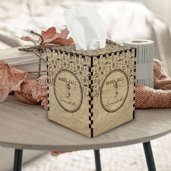 Retro Baseball Square Tissue Box Covers - Wood - In Context