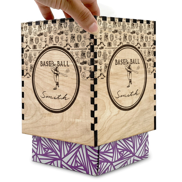 Retro Baseball Square Tissue Box Covers - Wood - with box