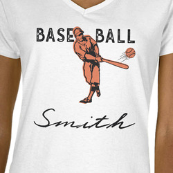 Retro Baseball Women's V-Neck T-Shirt - White - XL (Personalized)