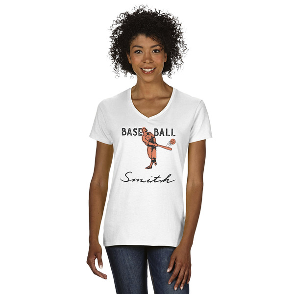 Custom Retro Baseball Women's V-Neck T-Shirt - White (Personalized)