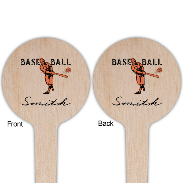 Retro Baseball Wooden 4" Food Pick - Round - Double Sided - Front & Back