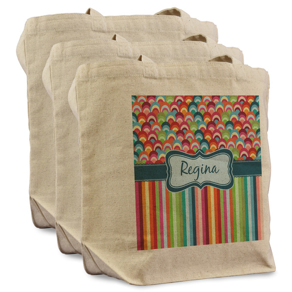 Custom Retro Scales & Stripes Reusable Cotton Grocery Bags - Set of 3 (Personalized)