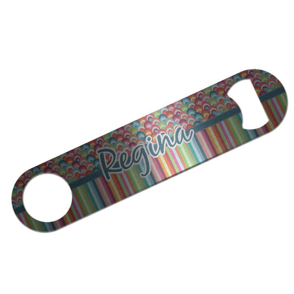 Custom Retro Scales & Stripes Bar Bottle Opener - Silver w/ Name or Text
