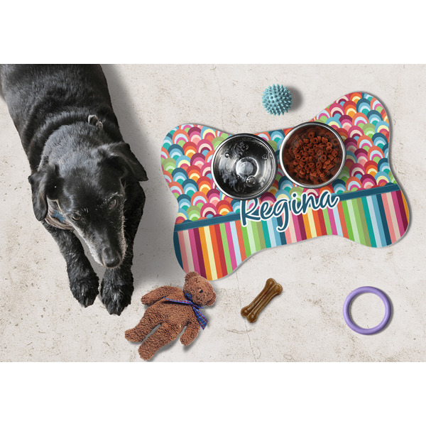 Retro Scales & Stripes Bone Shaped Mat w/ Food & Water