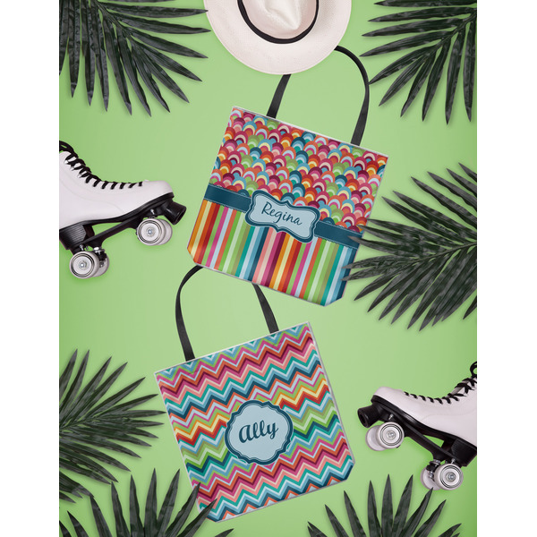 Retro Scales & Stripes Canvas Tote Lifestyle Front and Back- 13x13