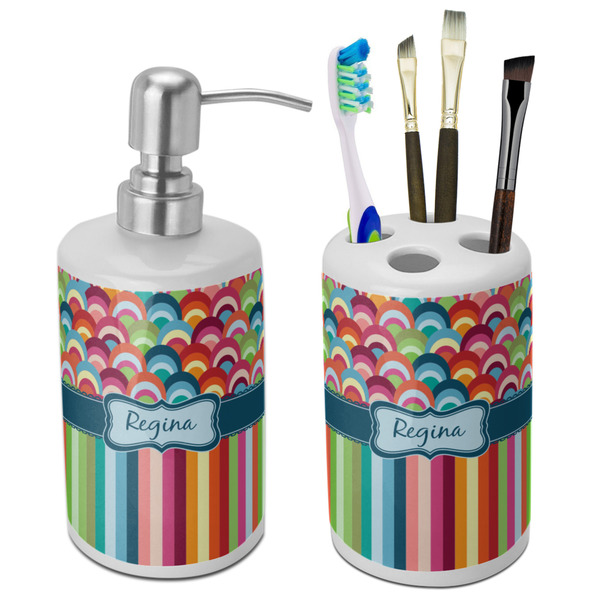 Custom Retro Scales & Stripes Ceramic Bathroom Accessories Set (Personalized)