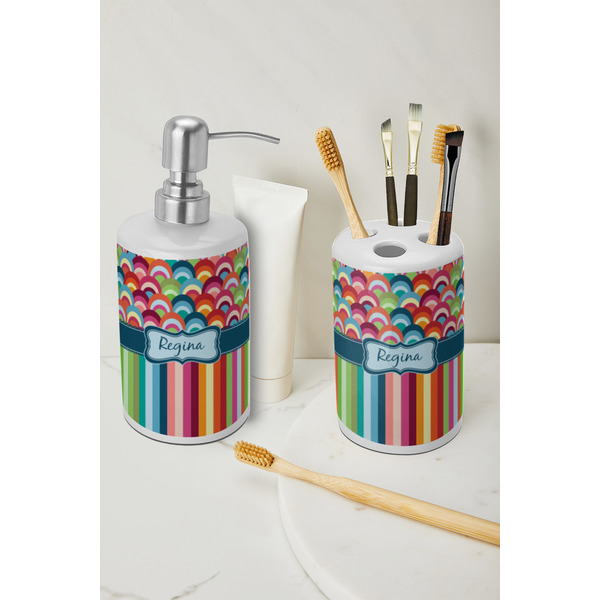 Retro Scales & Stripes Ceramic Bathroom Accessories - LIFESTYLE (toothbrush holder & soap dispenser)