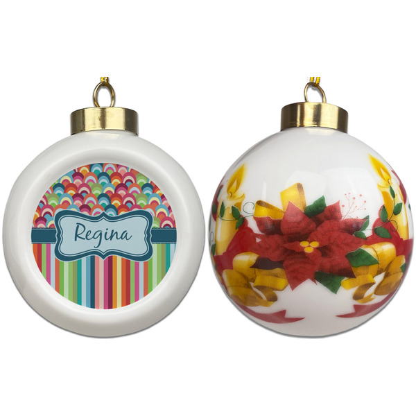 Retro Scales & Stripes Ceramic Christmas Ornament - Poinsettias (APPROVAL)