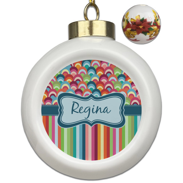 Custom Retro Scales & Stripes Ceramic Ball Ornaments - Poinsettia Garland (Personalized)