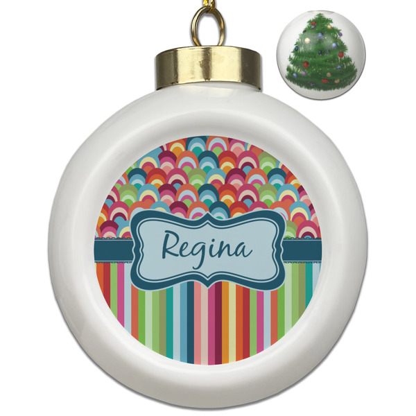 Custom Retro Scales & Stripes Ceramic Ball Ornament - Christmas Tree (Personalized)