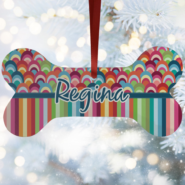 Custom Retro Scales & Stripes Ceramic Dog Ornament w/ Name or Text