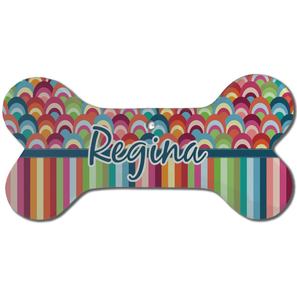 Custom Retro Scales & Stripes Ceramic Dog Ornament - Front w/ Name or Text